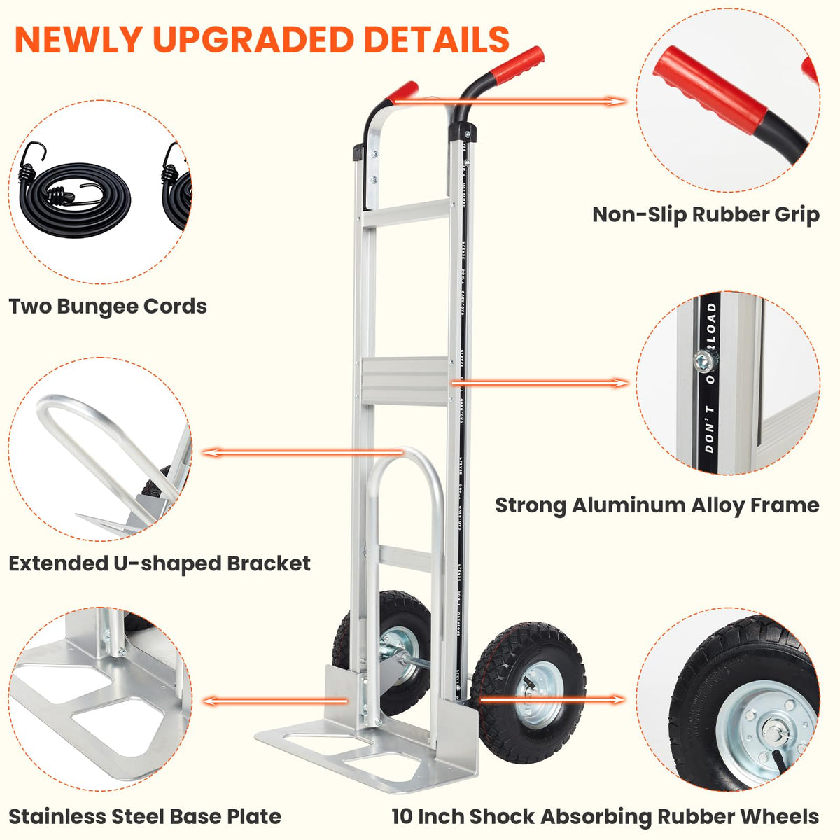 Aluminum Hand Truck Dolly Cart with 10" Pneumatic Tire, 600 LBS Capacity W217095
