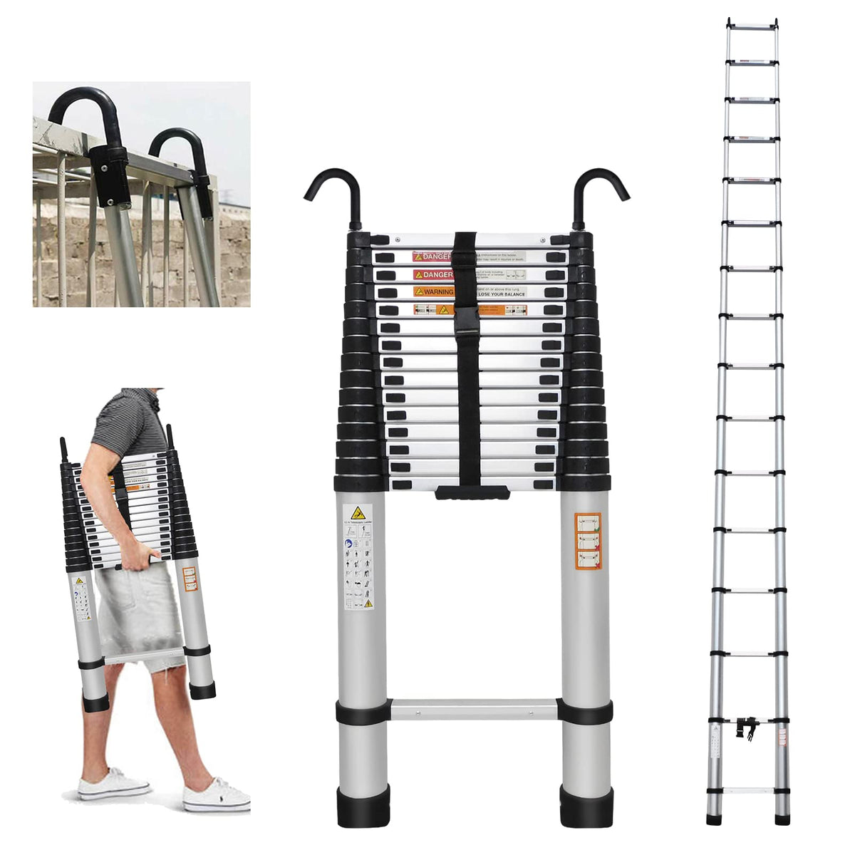 20FT Aluminum Telescoping Ladder with Roof Hooks, 330lbs Capacity C534