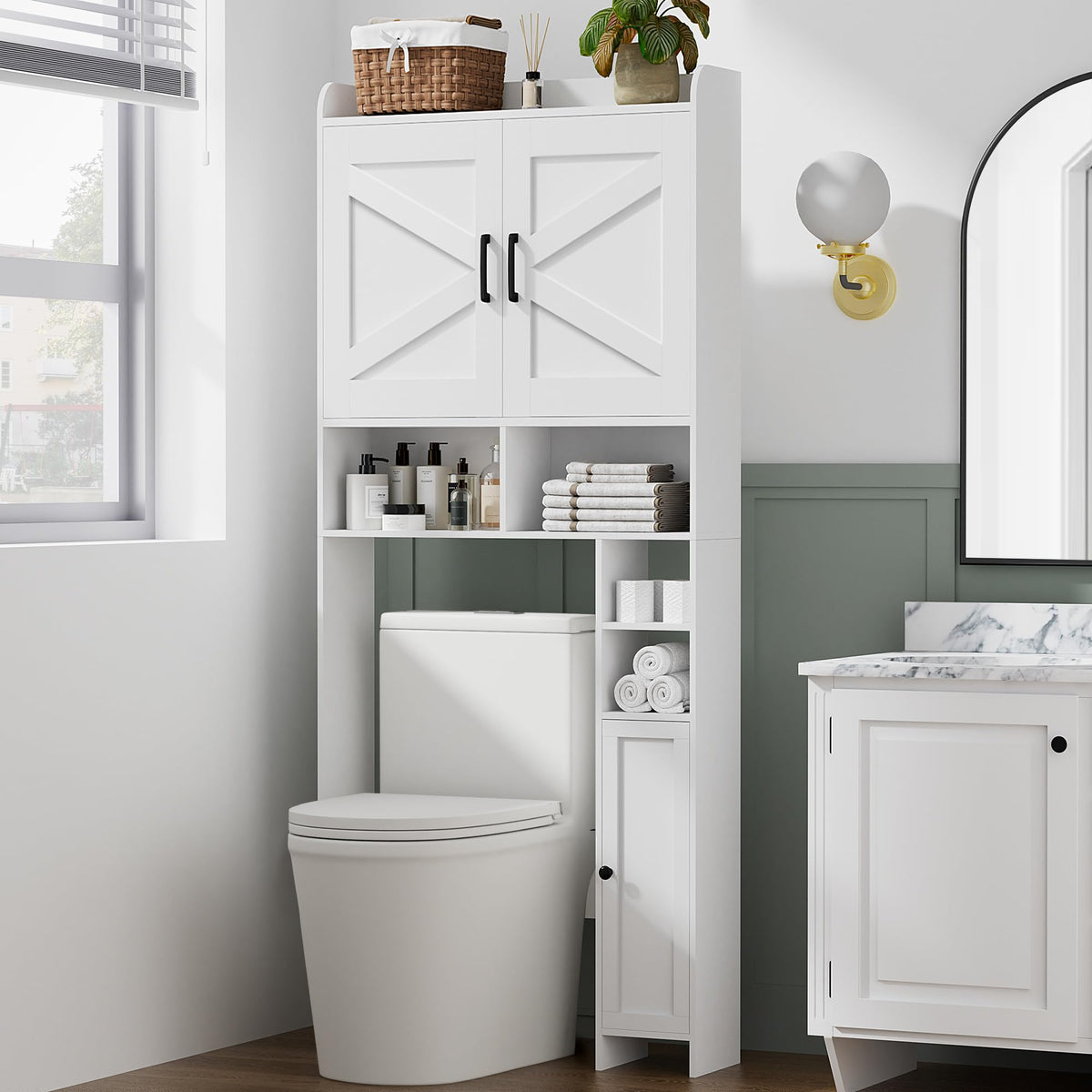 Wooden Over The Toilet Storage Cabinet with Barn Door R9621