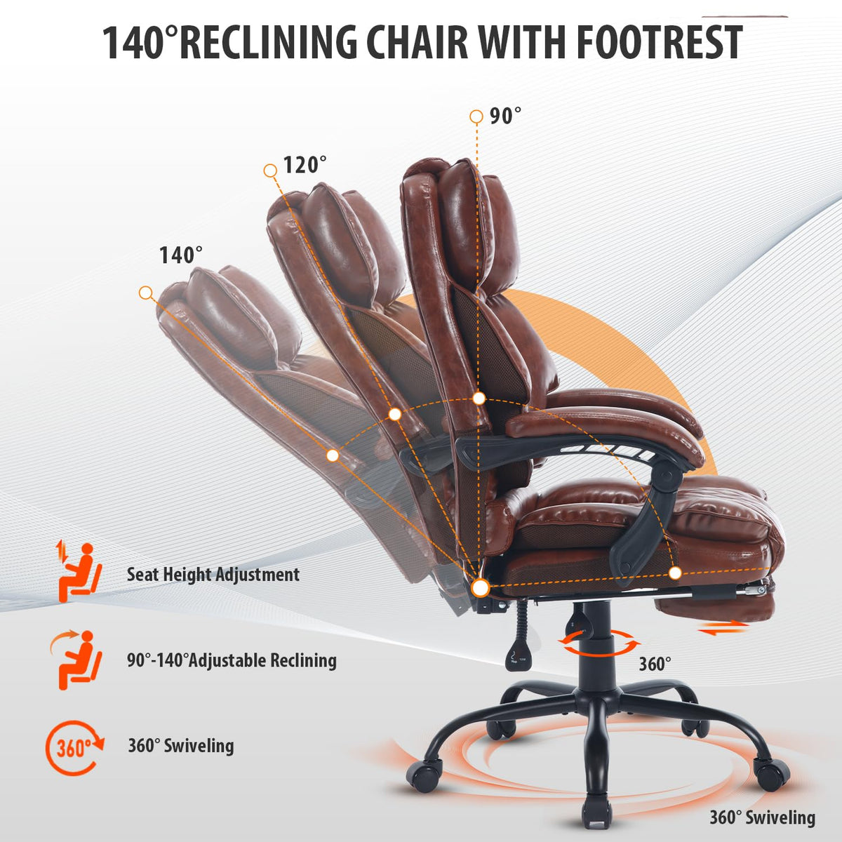 Brown Reclining Ergonomic Office Chair with Footrest J28744
