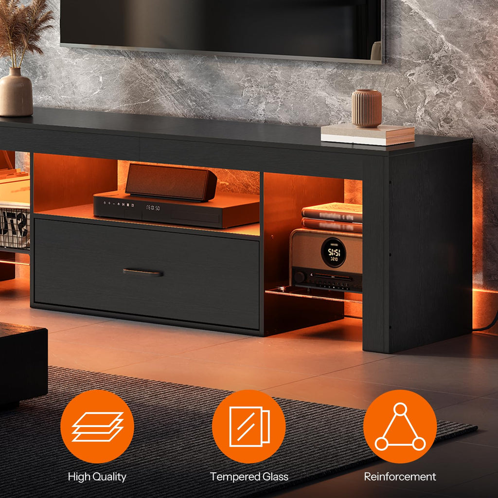 Black Glass Shelf TV Stand with Outlets and Drawer Y89749