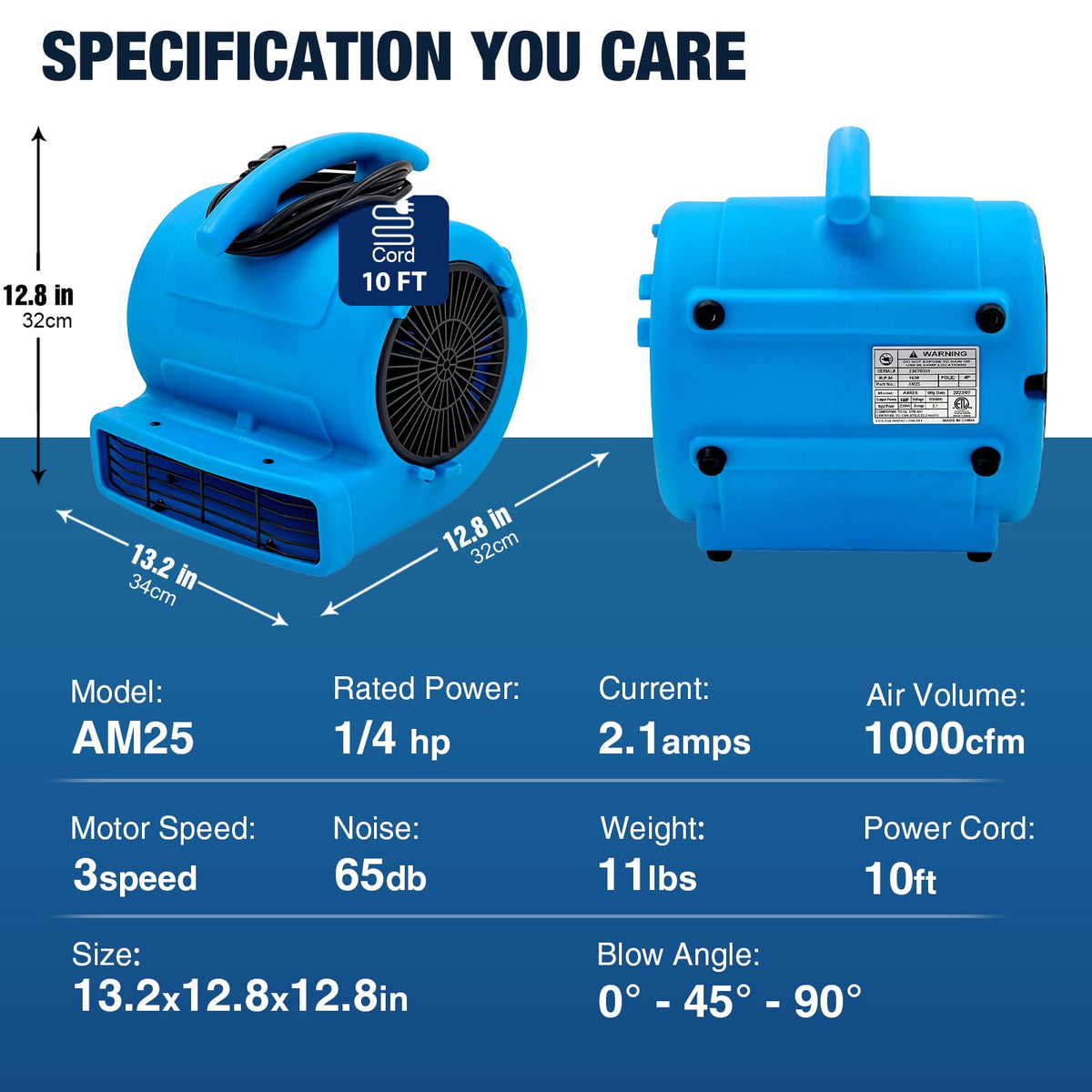 1/4hp 1000CFM 2 Speed Air Mover Floor Fan A887