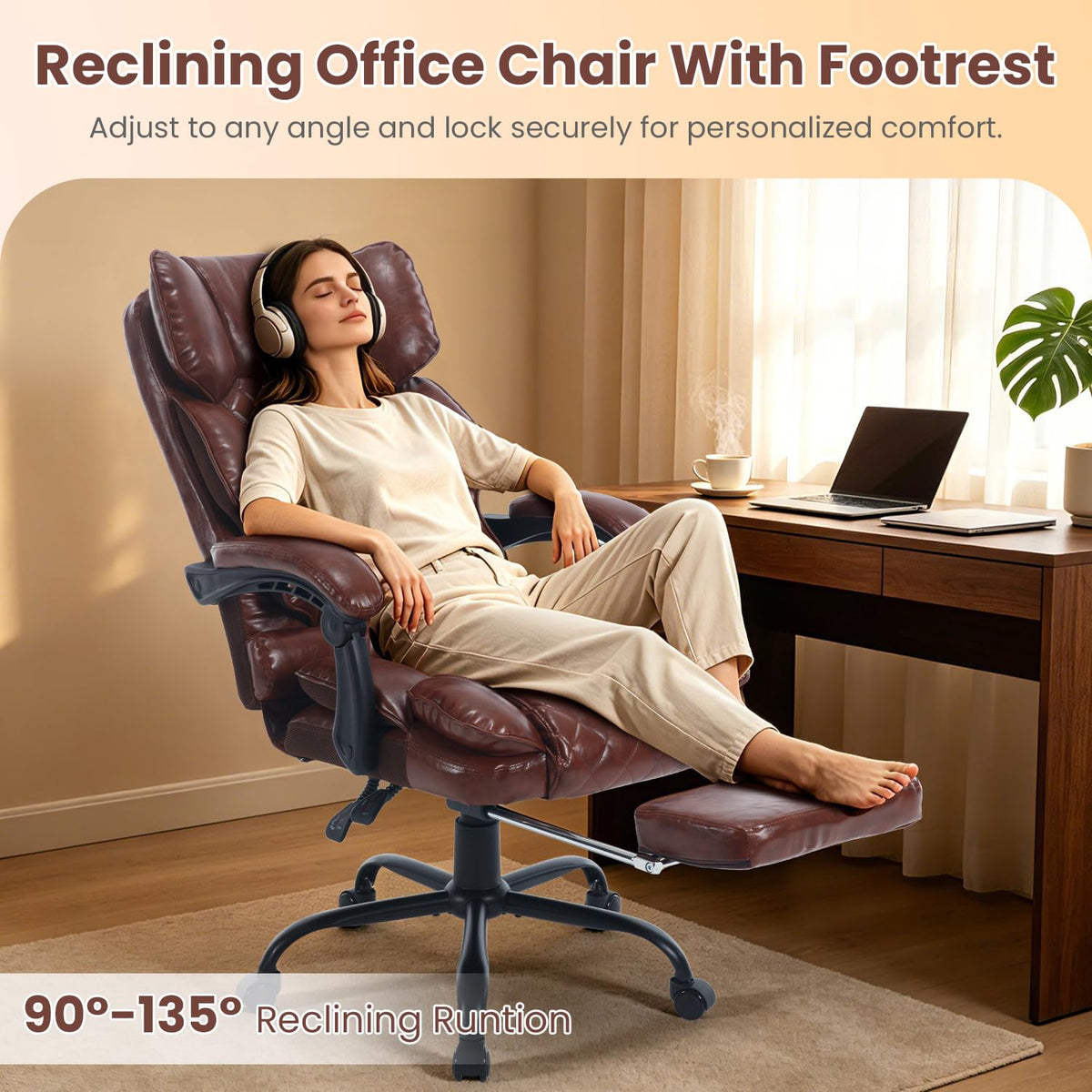 Brown Reclining Ergonomic Office Chair with Footrest J28744