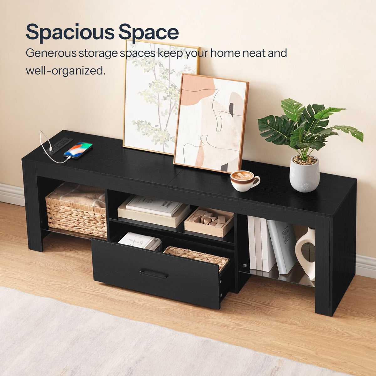 Black Glass Shelf TV Stand with Outlets and Drawer Y89749