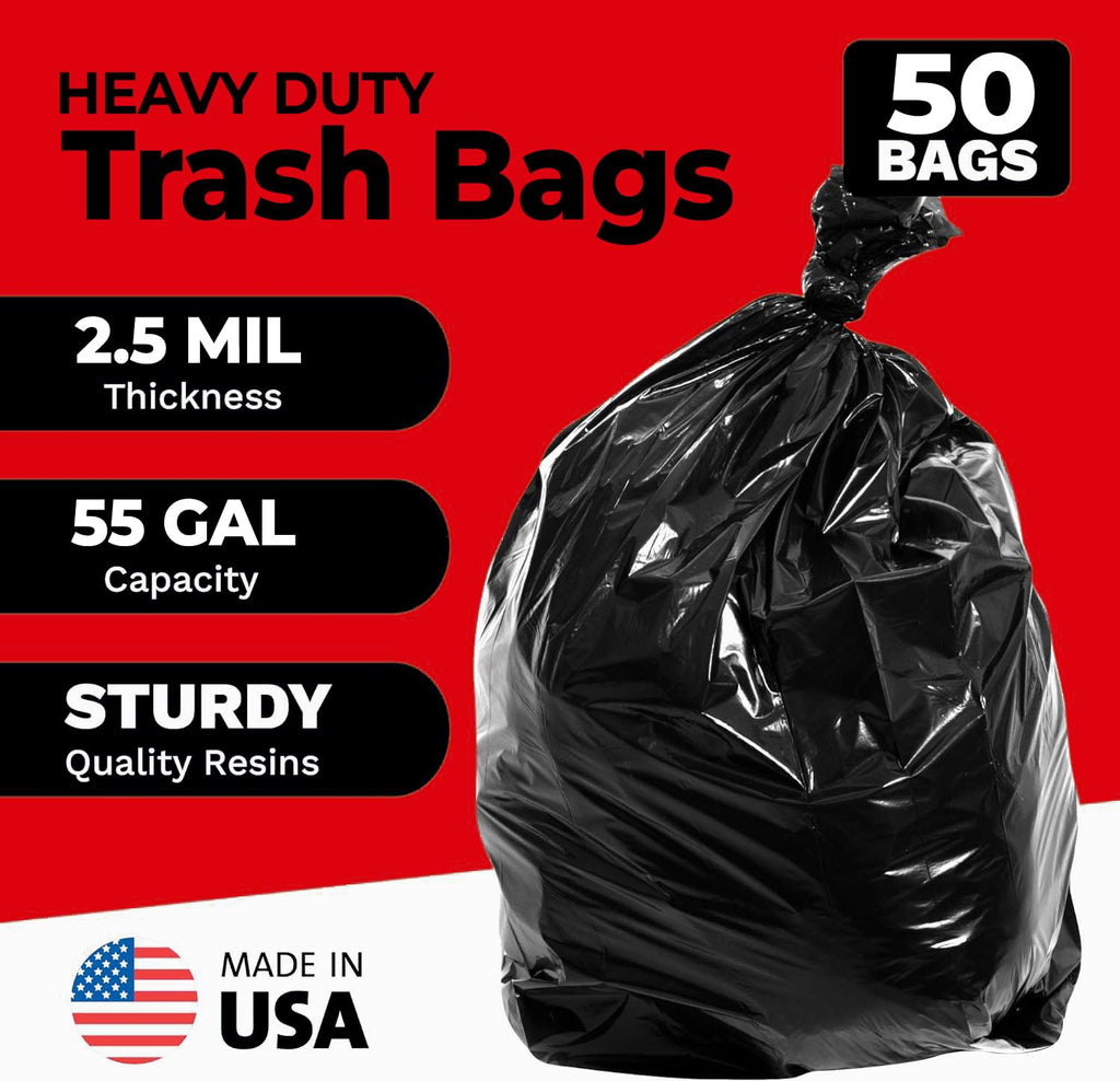 55-60 Gallon Heavy Duty Trash Bags, 50 Count, Black, 2.5 Mil D6851
