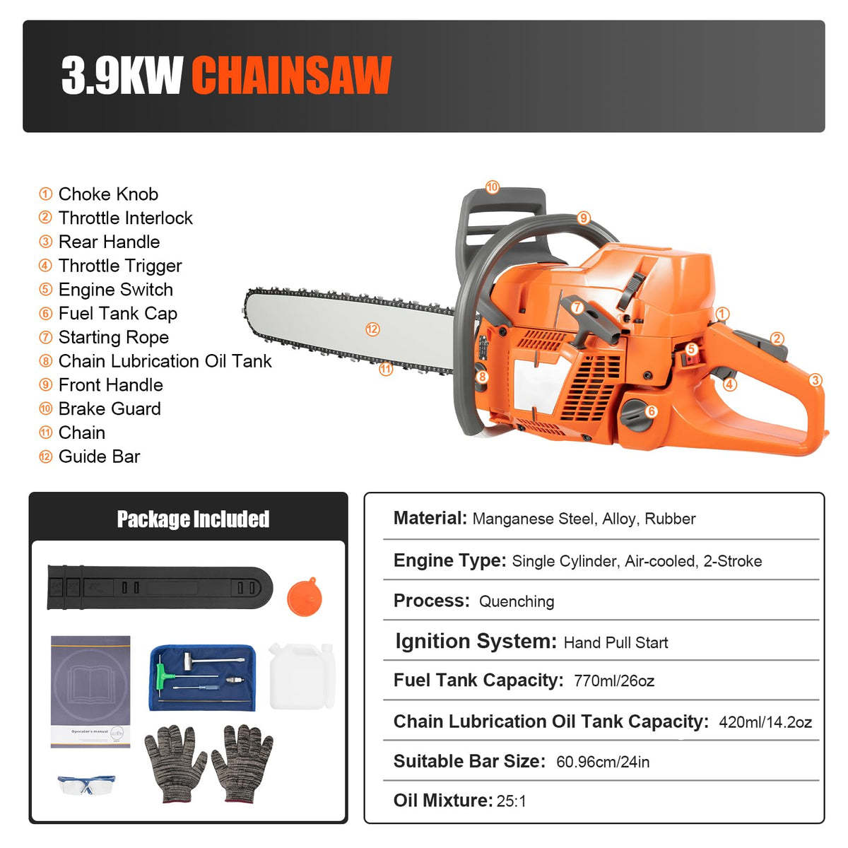 71.8CC 24inch 2-Stroke Gas Chainsaw X436