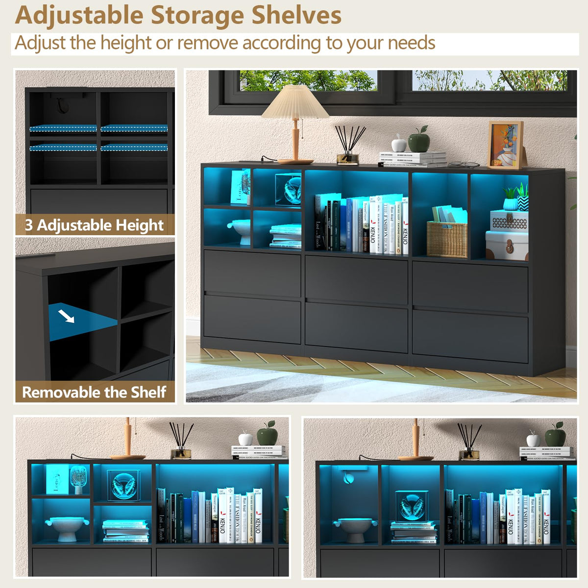 Black 6 Drawers Dresser with Cubbies H1203