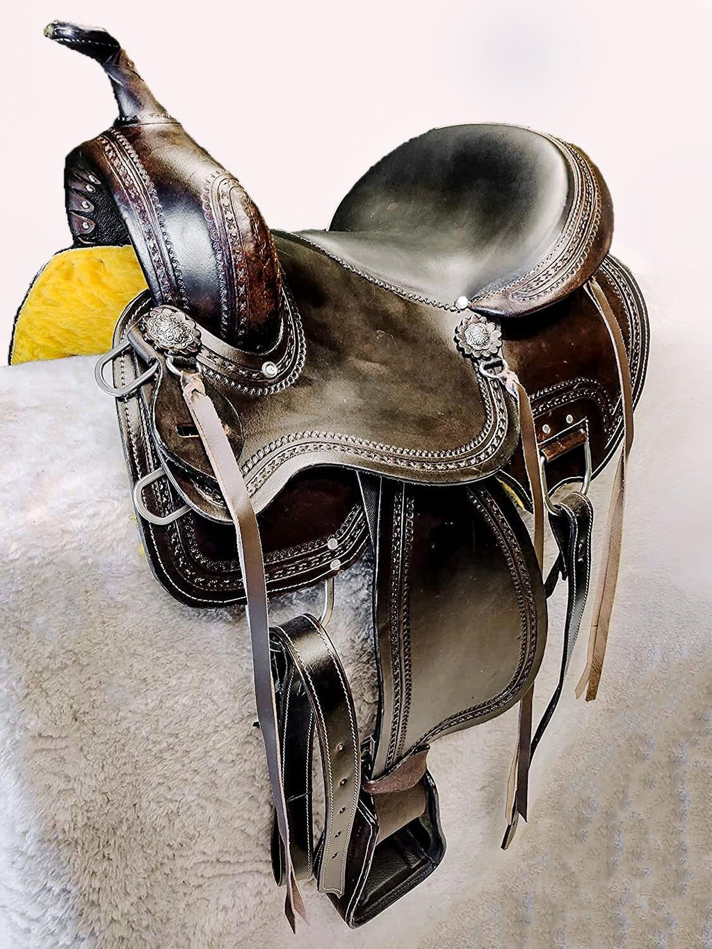 Brown Leather Western Horse Saddle Set with Headstall Breast Collar Reins U83661