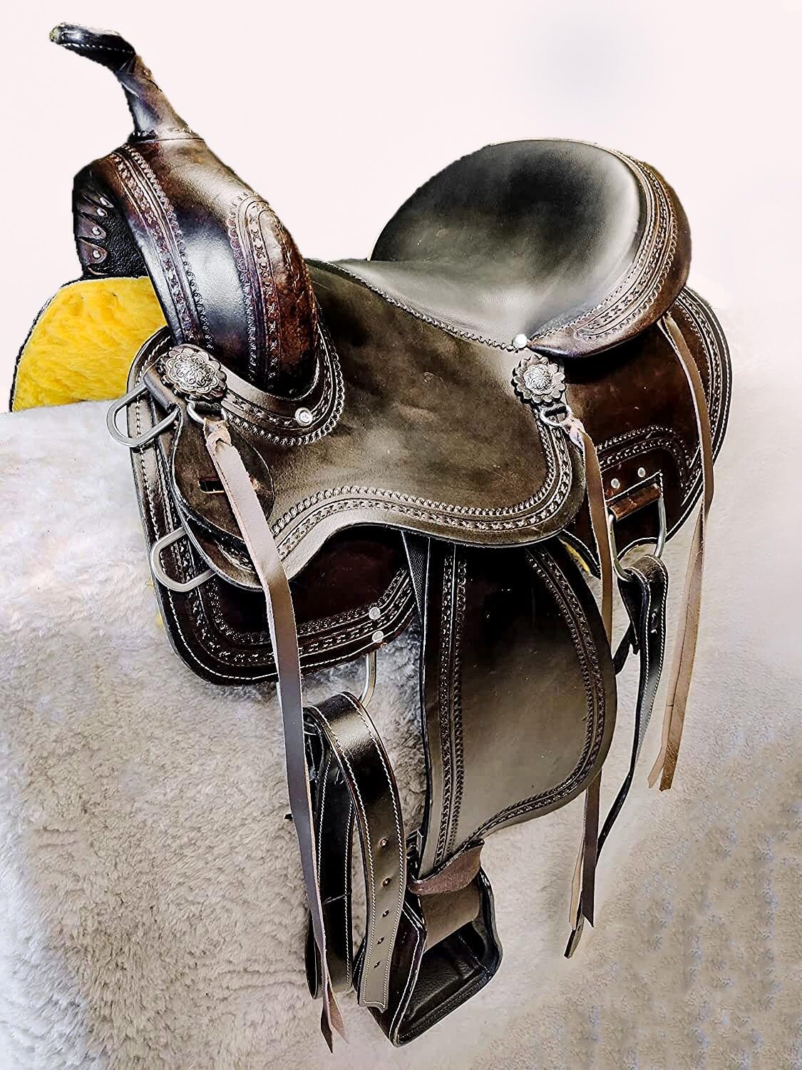 Brown Leather Western Horse Saddle Set with Headstall Breast Collar Reins U83661