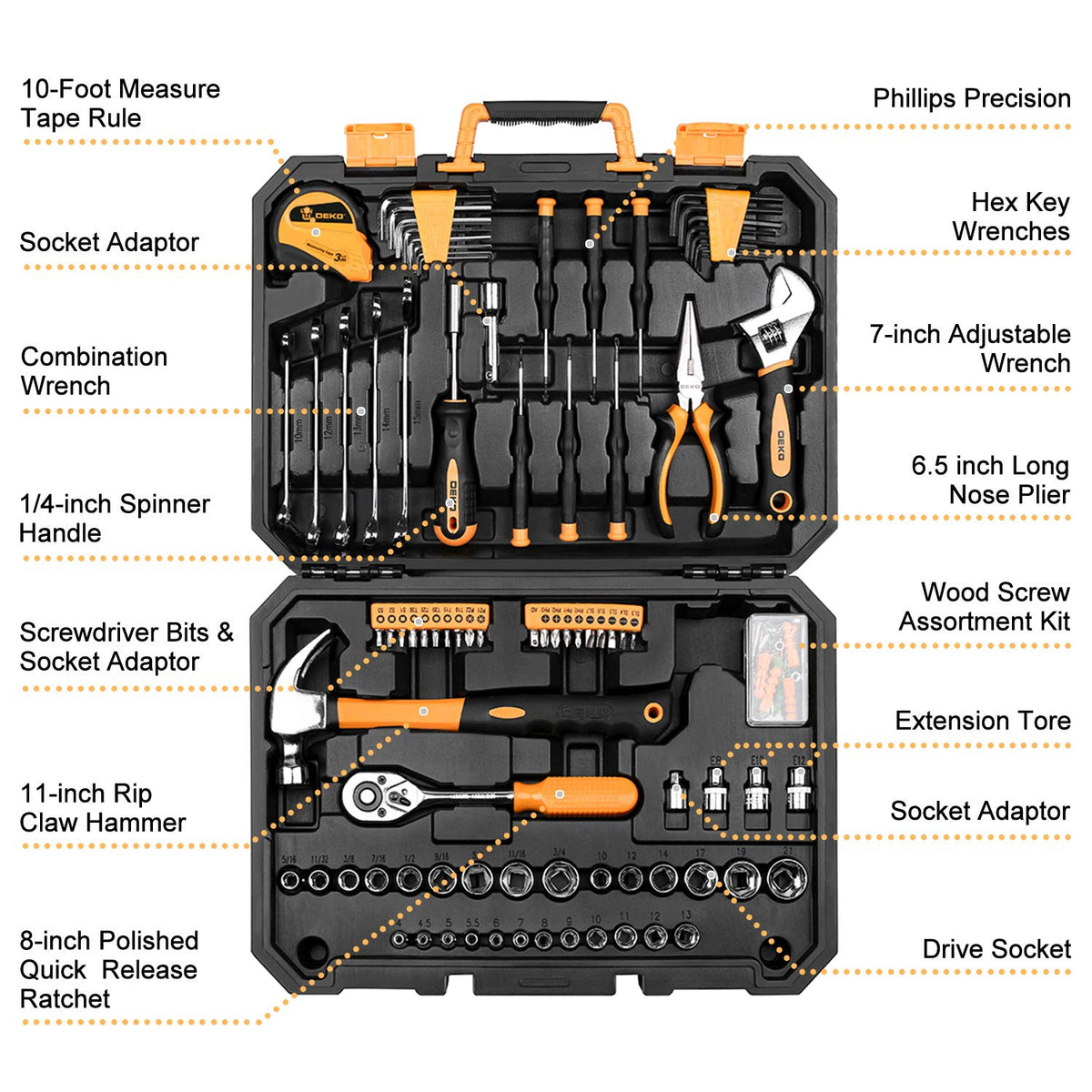 128 Piece Household Hand Tool Kit with Plastic Toolbox Storage Case K486761