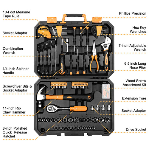 128 Piece Household Hand Tool Kit with Plastic Toolbox Storage Case K486761