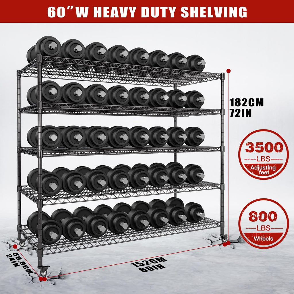 60”W 5 Tier Heavy Duty Metal Wire Shelving with Wheels U98846