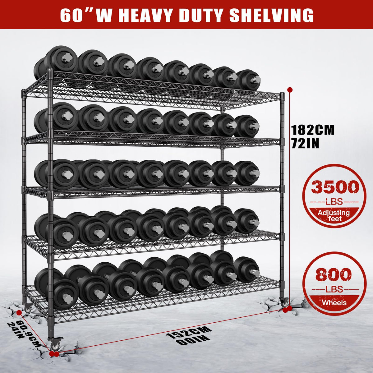 60”W 5 Tier Heavy Duty Metal Wire Shelving with Wheels U98846