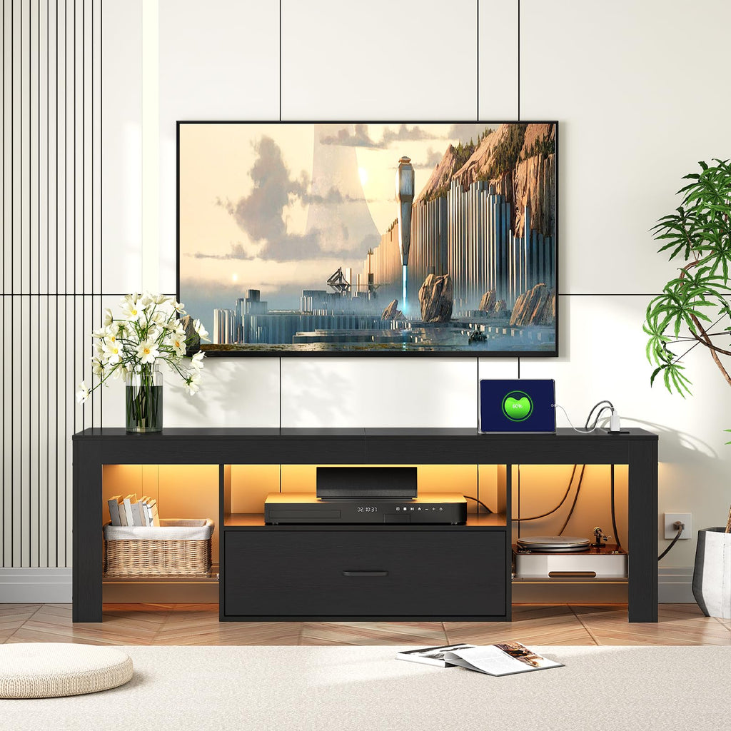 Black Glass Shelf TV Stand with Outlets and Drawer Y89749