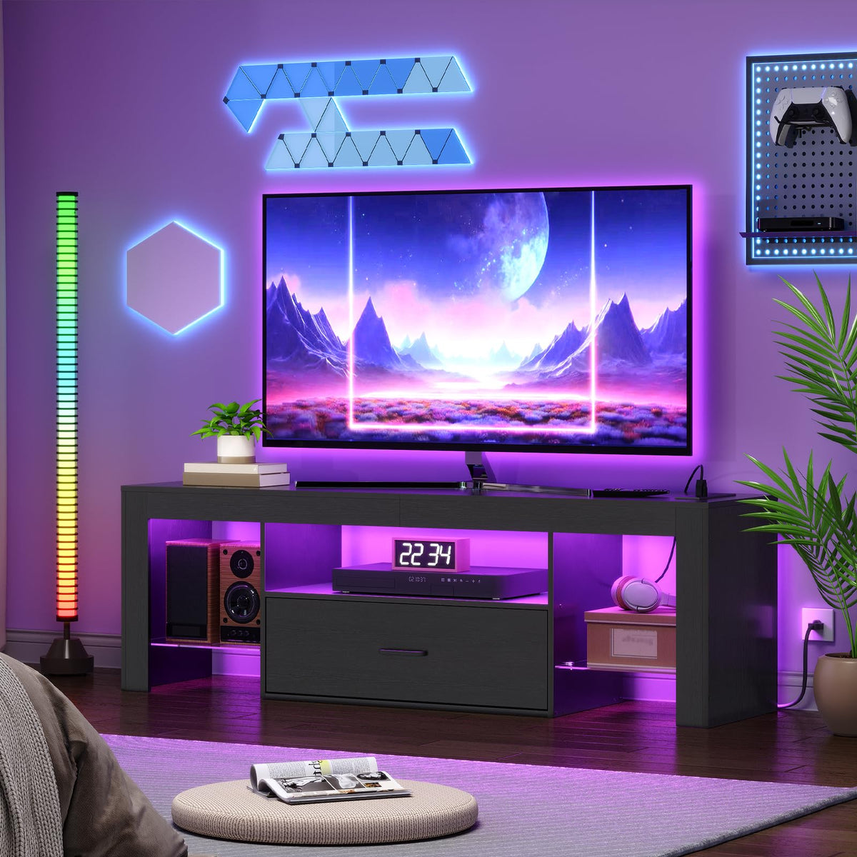 Black Glass Shelf TV Stand with Outlets and Drawer Y89749