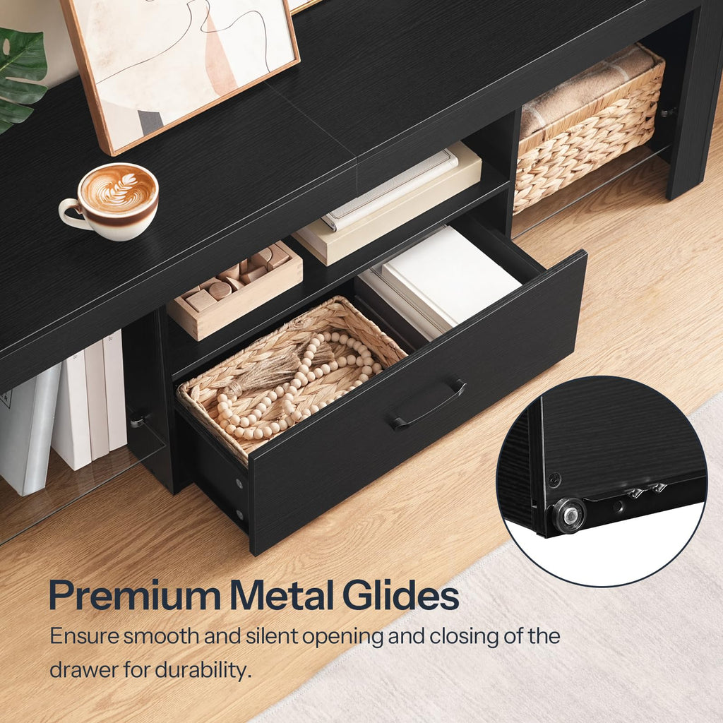 Black Glass Shelf TV Stand with Outlets and Drawer Y89749