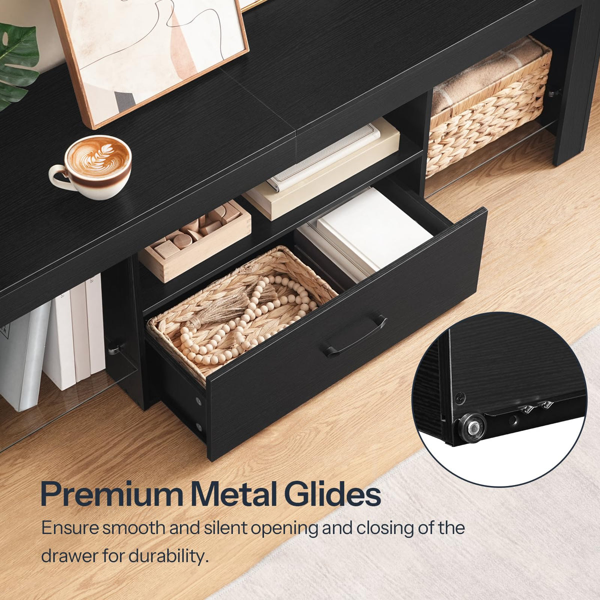 Black Glass Shelf TV Stand with Outlets and Drawer Y89749