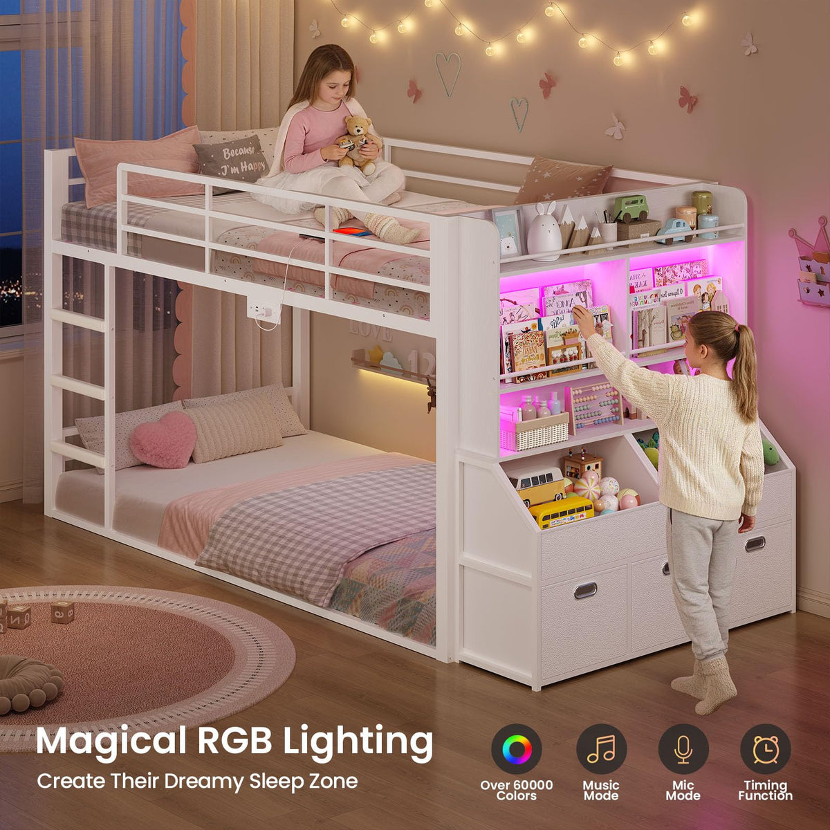 Twin Over Twin Bunk Bed with Bookshelf and Drawers D510466