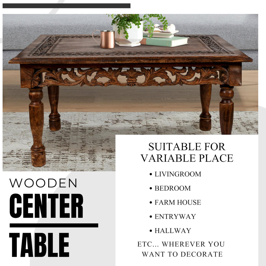Farmhouse Coffee Table 36x24x18 Jali Carved Wood M1366