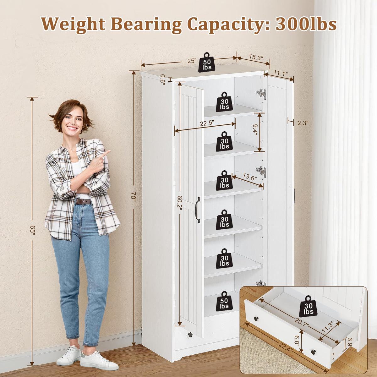 70" Tall Wood Storage Cabinet with 6 Adjustable Shelves P21983
