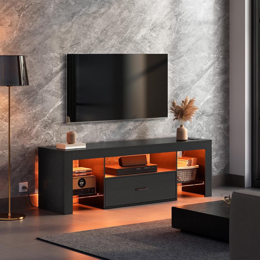Black Glass Shelf TV Stand with Outlets and Drawer Y89749