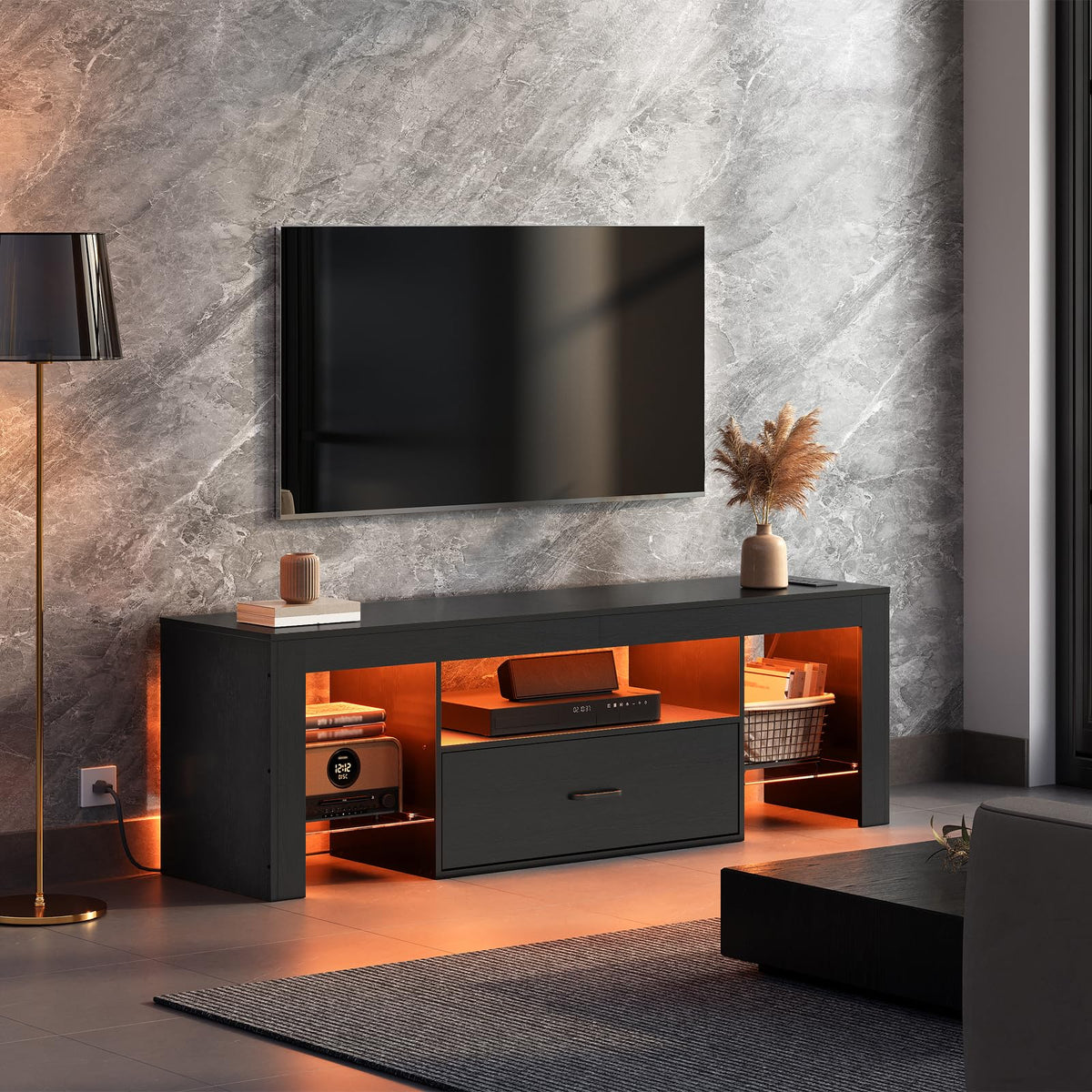 Black Glass Shelf TV Stand with Outlets and Drawer Y89749