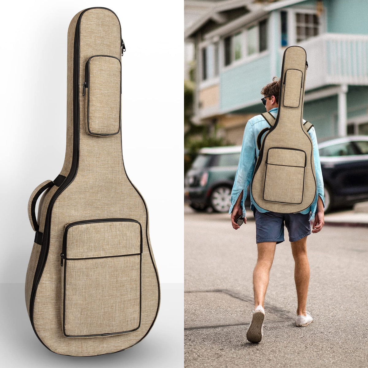 Khaki Acoustic Guitar Bag with Waterproof Padding and Shoulder Strap B788