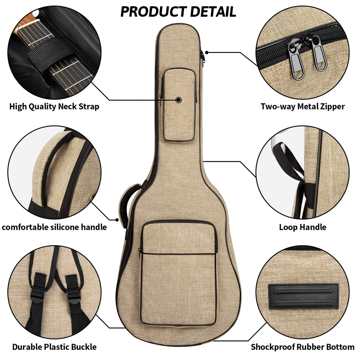 Khaki Acoustic Guitar Bag with Waterproof Padding and Shoulder Strap B788