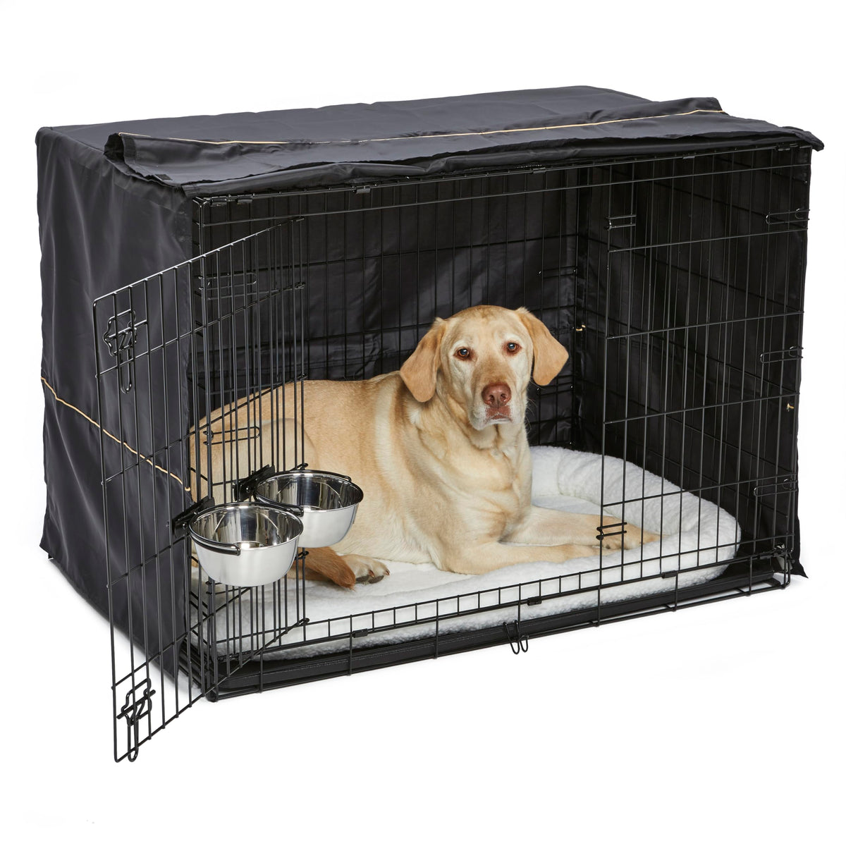 42-inch Double Door Dog Crate with Pet Bed, 2 Bowls and Privacy Cover E290