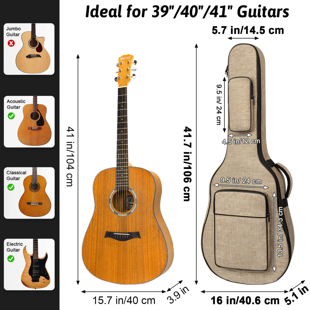 Khaki Acoustic Guitar Bag with Waterproof Padding and Shoulder Strap B788