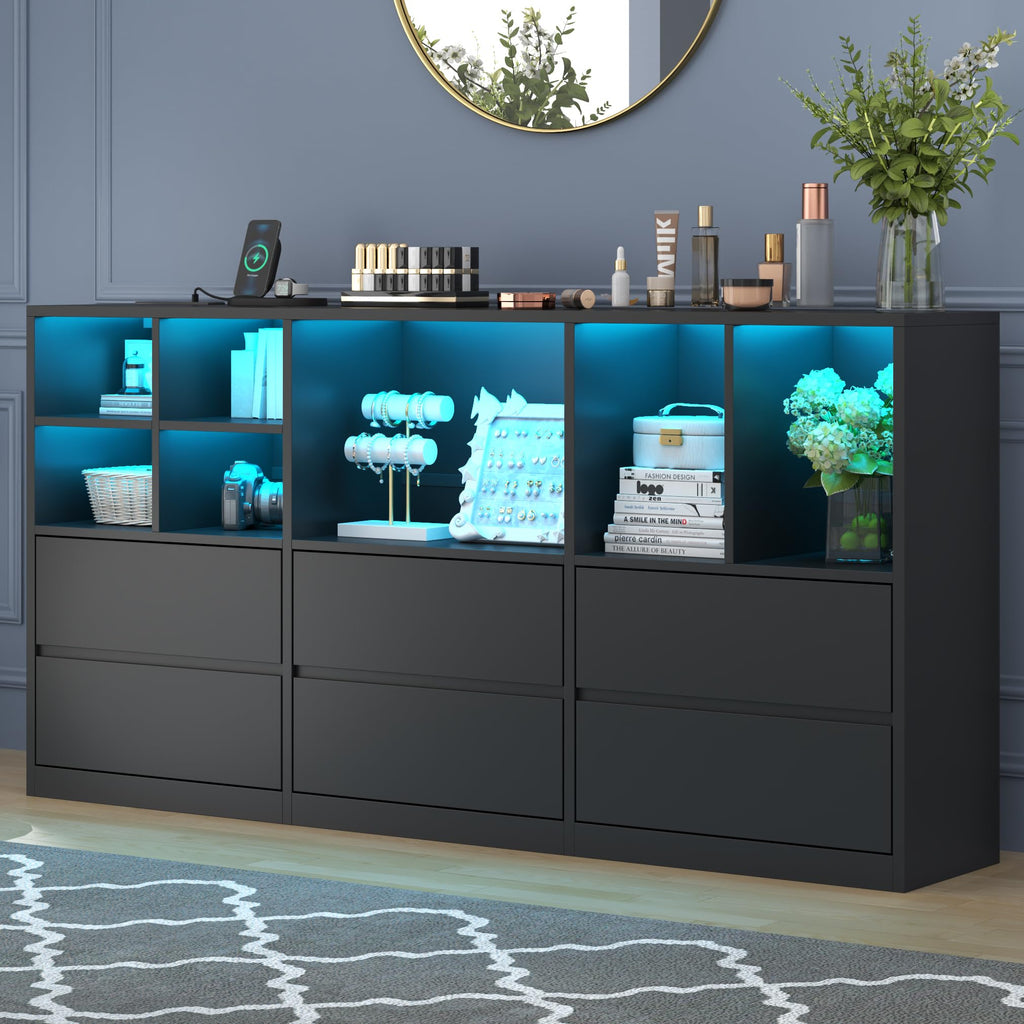 Black 6 Drawers Dresser with Cubbies H1203