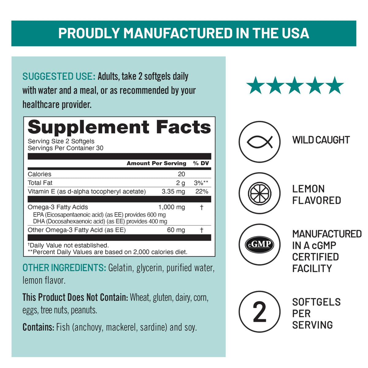 Omega 3 Fish Oil Supplement 1000mg 600 EPA 400 DHA Lemon Flavor 60 Softgels H695669