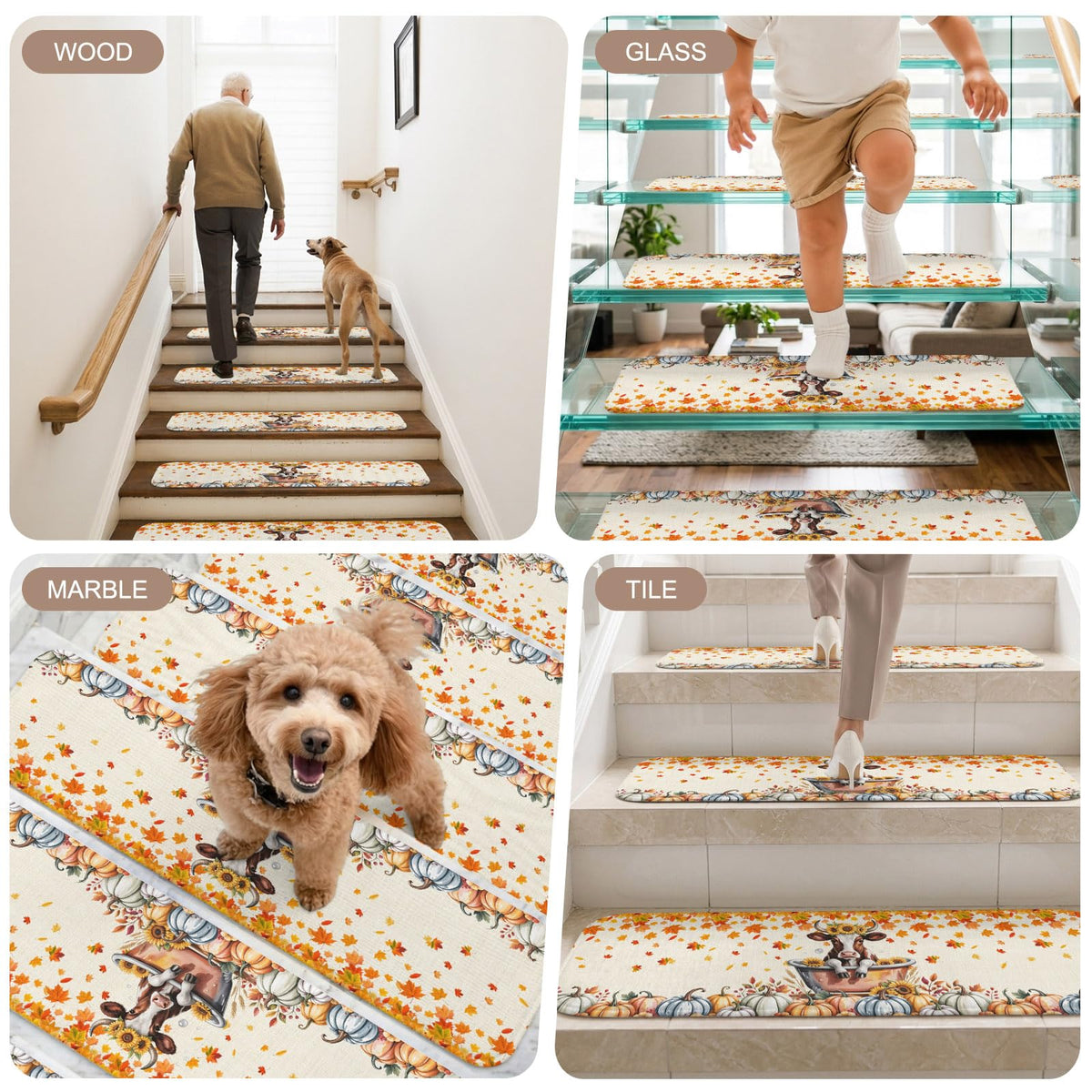 Fall Pumpkin Maple Leaves Non Slip Carpet Stair Treads 4 Pack 8"x30" K8571