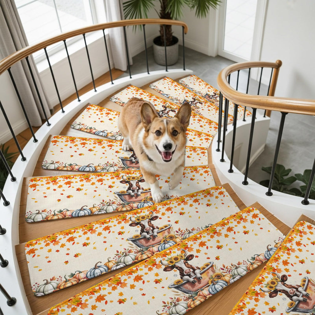 Fall Pumpkin Maple Leaves Non Slip Carpet Stair Treads 4 Pack 8"x30" K8571