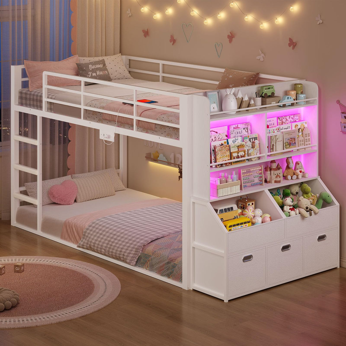 Twin Over Twin Bunk Bed with Bookshelf and Drawers D510466
