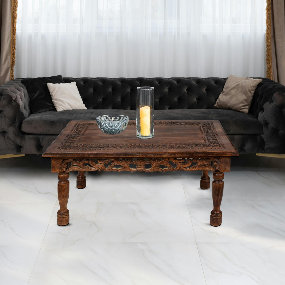 Farmhouse Coffee Table 36x24x18 Jali Carved Wood M1366