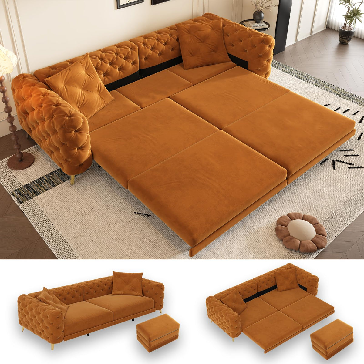 Orange Velvet 3 in 1 Convertible Sleeper Sofa H438361