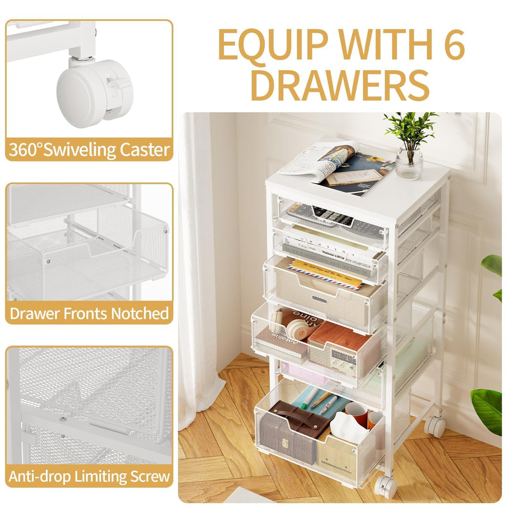 6 Drawers Rolling Utility Cart with Wooden Tabletop H437