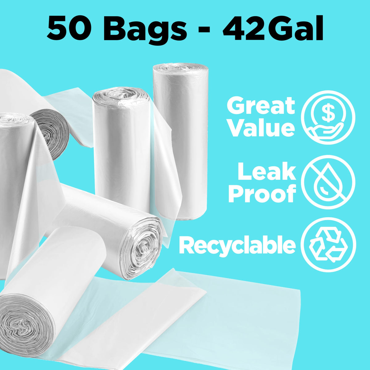 42 Gallon Clear Trash Bags 50 Count 3 Mil N1898