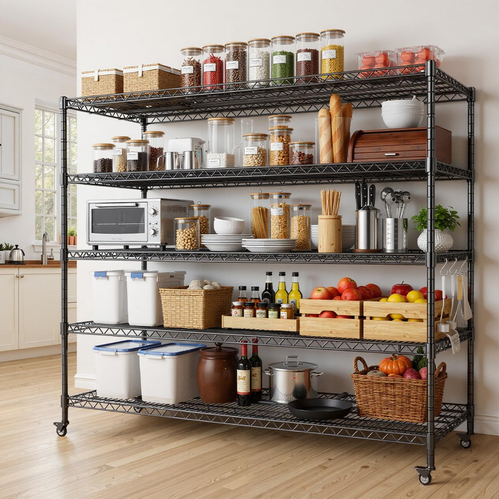 60”W 5 Tier Heavy Duty Metal Wire Shelving with Wheels U98846