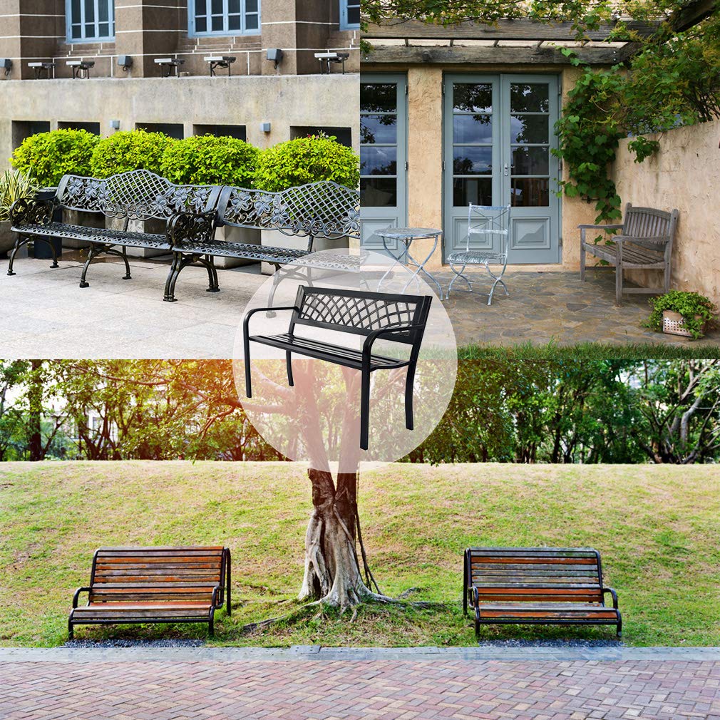 Black Metal Garden Bench with Plastic Backrest and Armrests H8022