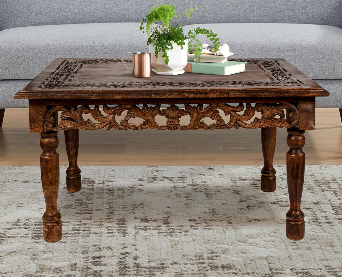 Farmhouse Coffee Table 36x24x18 Jali Carved Wood M1366