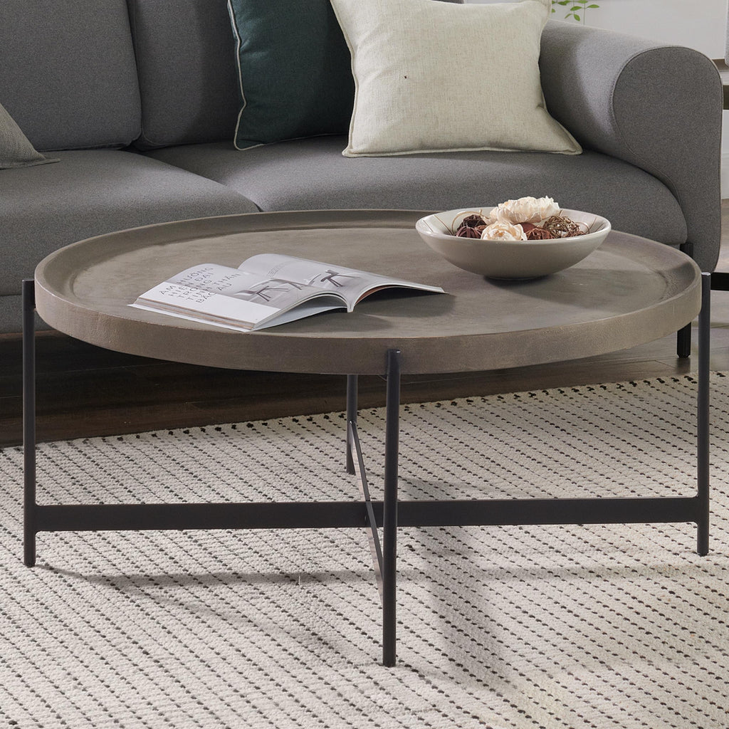 42-Inch Round Concrete-Coated Wood Coffee Table with Tray Top F4951