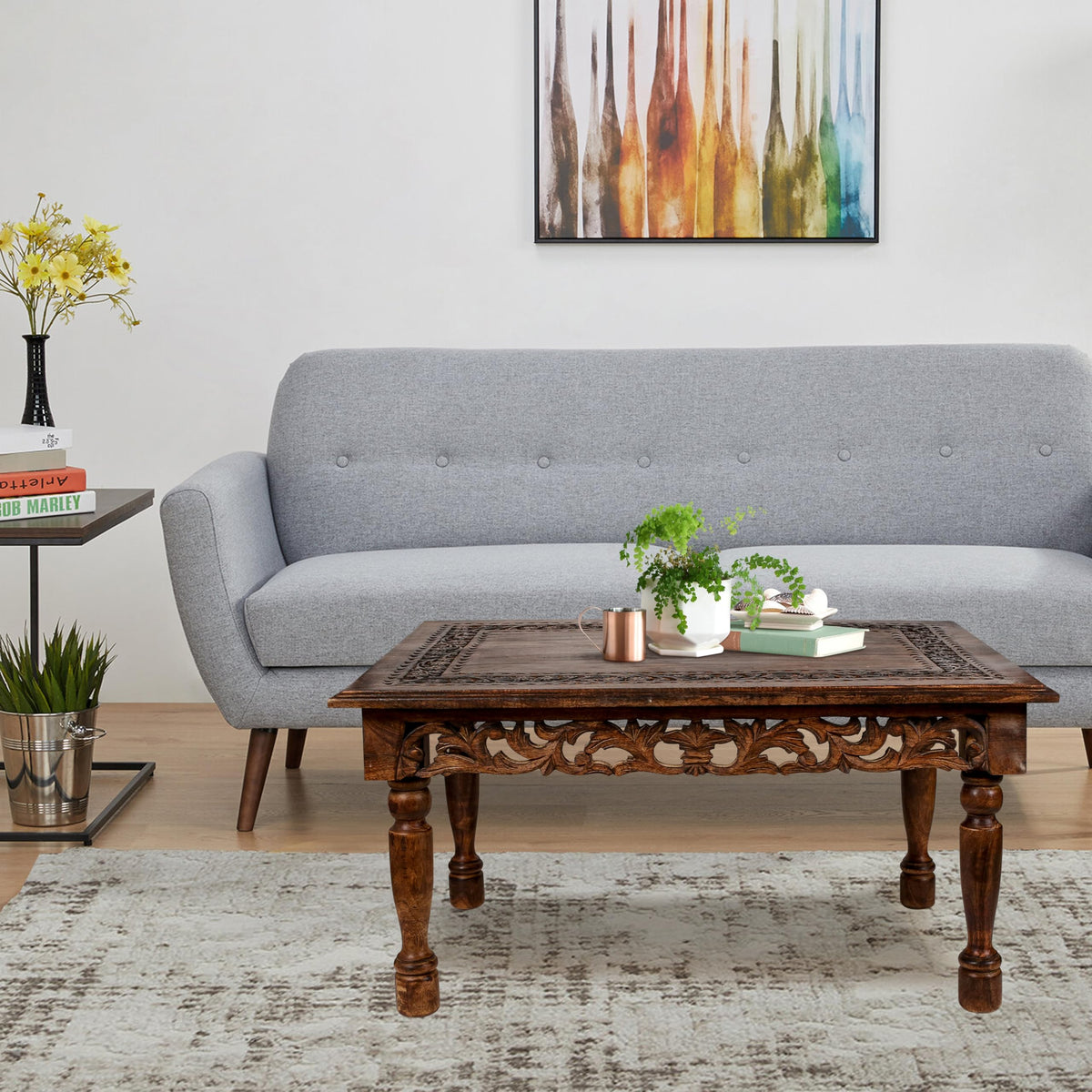 Farmhouse Coffee Table 36x24x18 Jali Carved Wood M1366