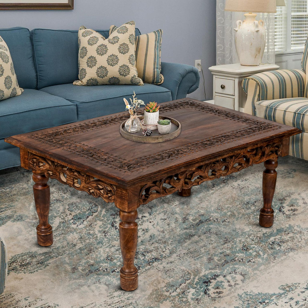 Farmhouse Coffee Table 36x24x18 Jali Carved Wood M1366