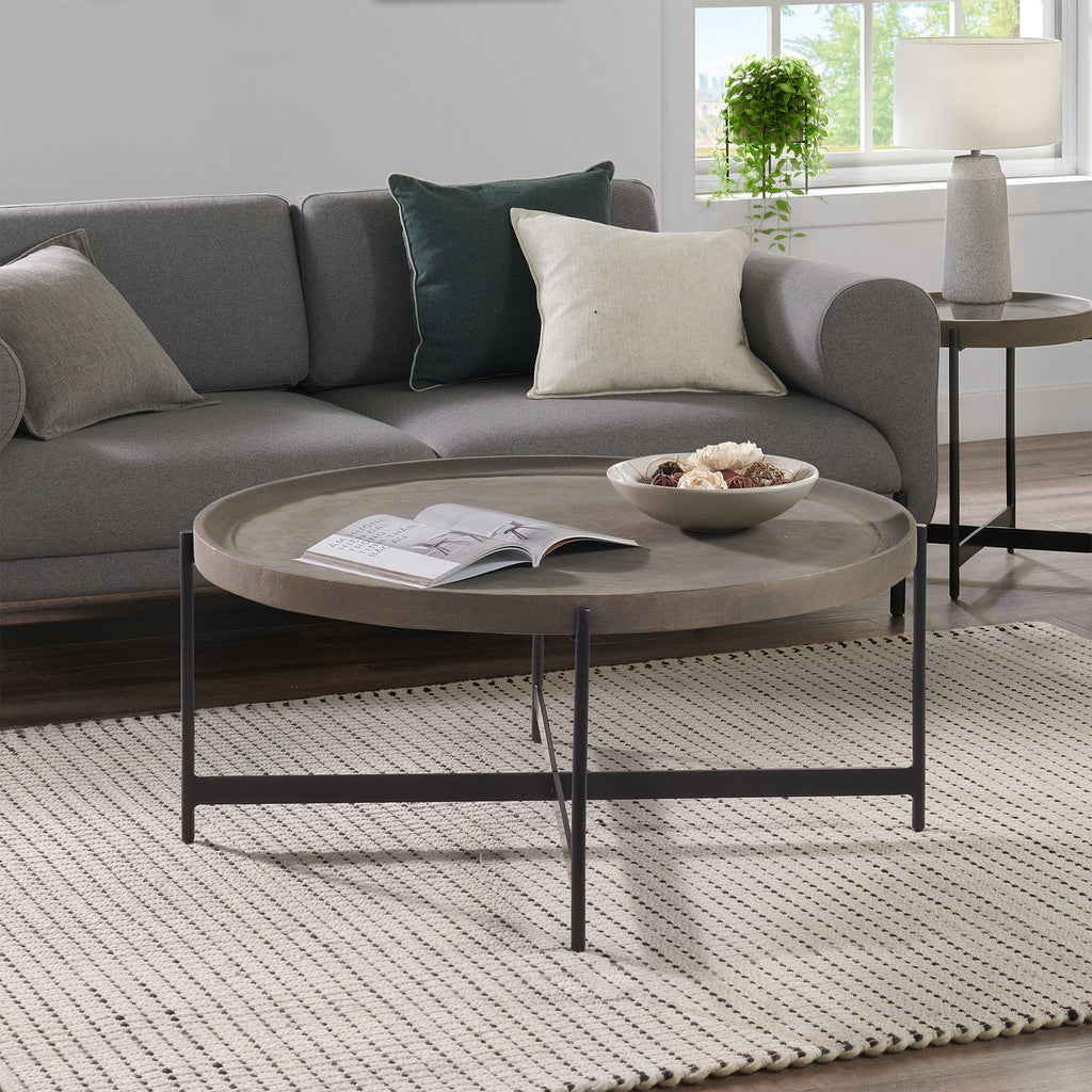 42-Inch Round Concrete-Coated Wood Coffee Table with Tray Top F4951