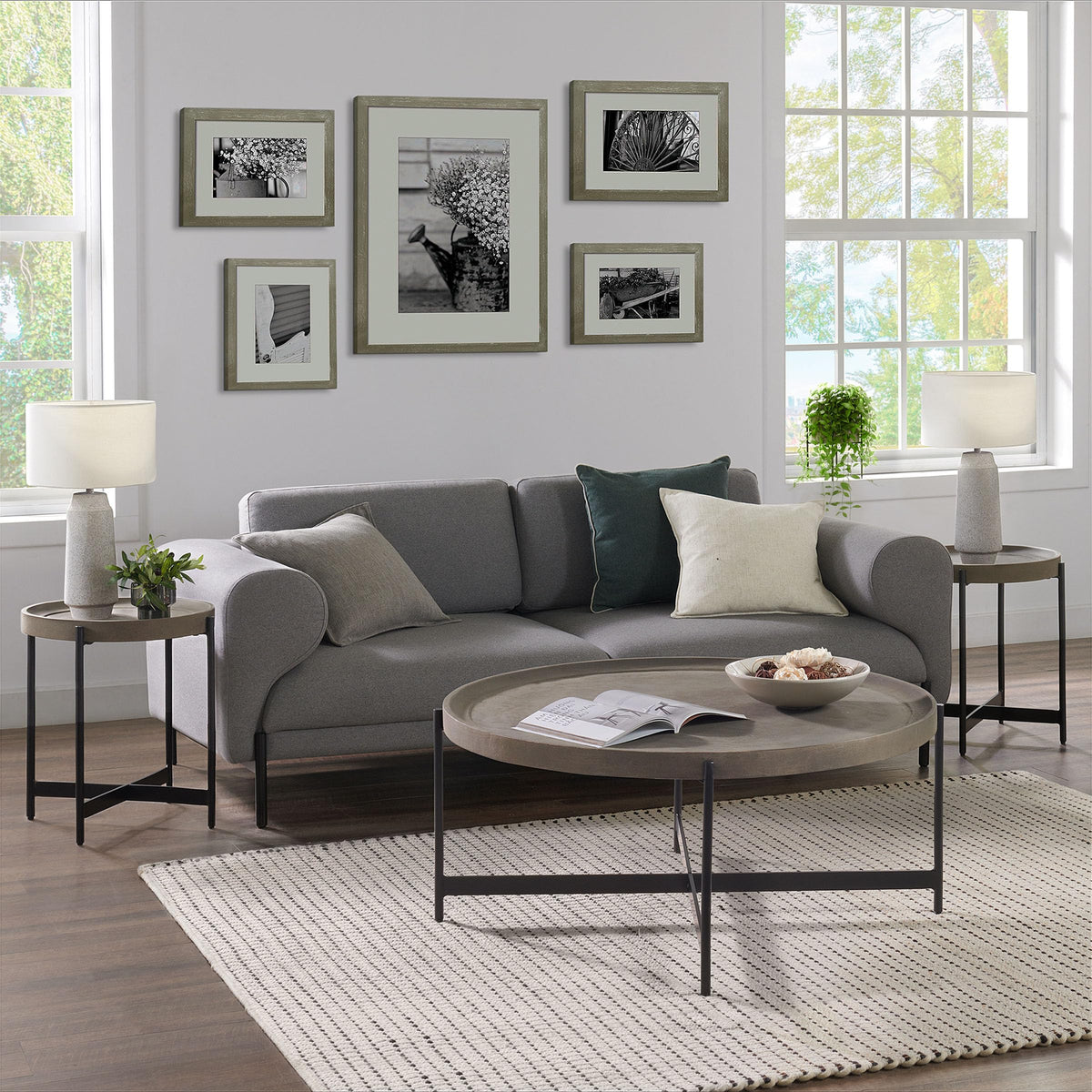 42-Inch Round Concrete-Coated Wood Coffee Table with Tray Top F4951