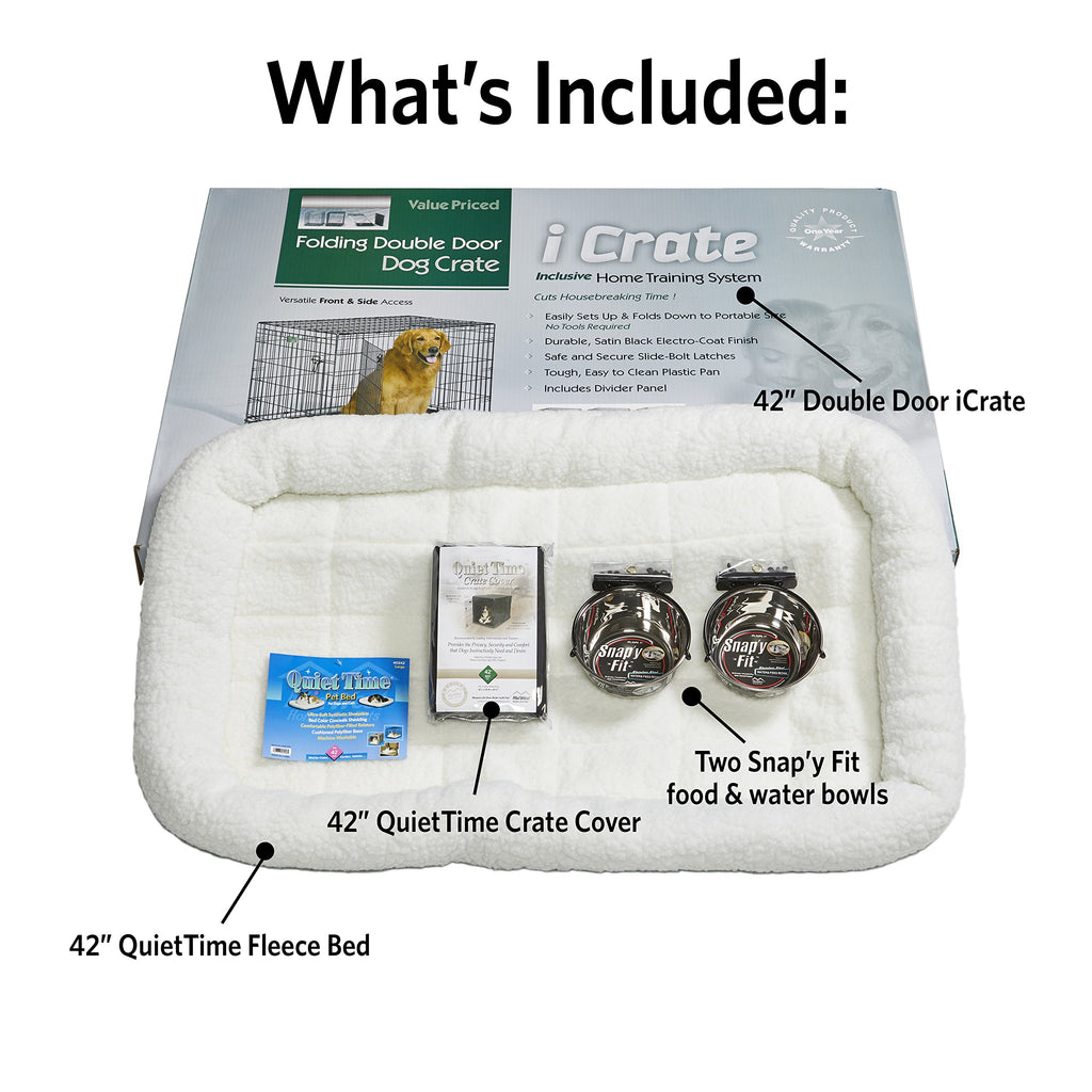 42-inch Double Door Dog Crate with Pet Bed, 2 Bowls and Privacy Cover E290