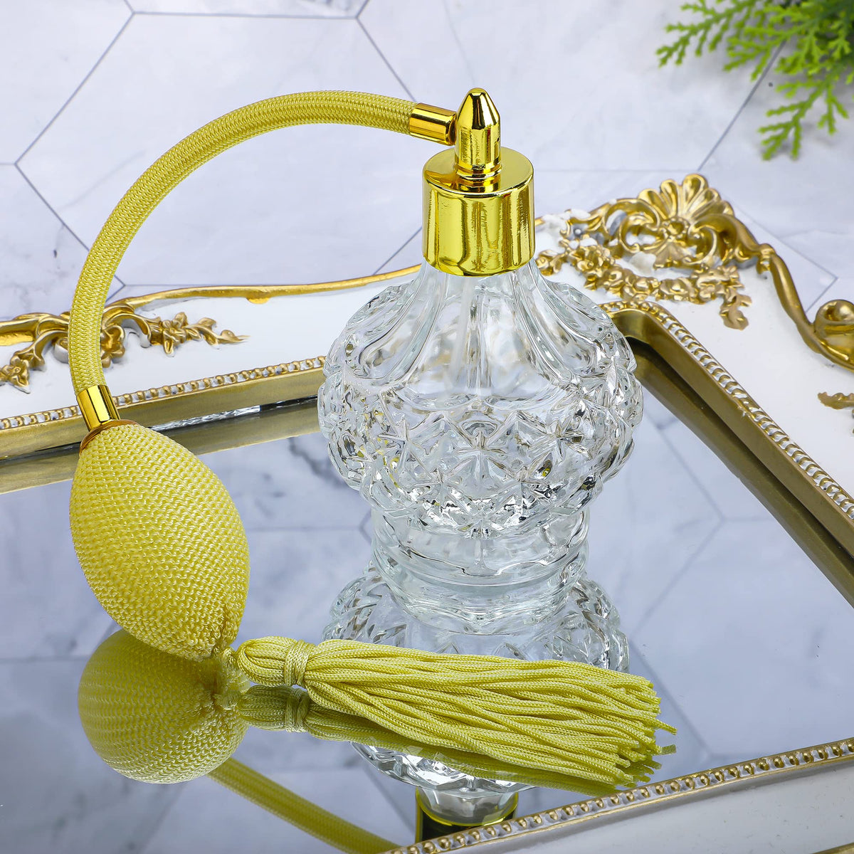 Clear Checked Carved Glass Refillable Perfume Bottle with Spray Atomizer, Pack of 2 V573