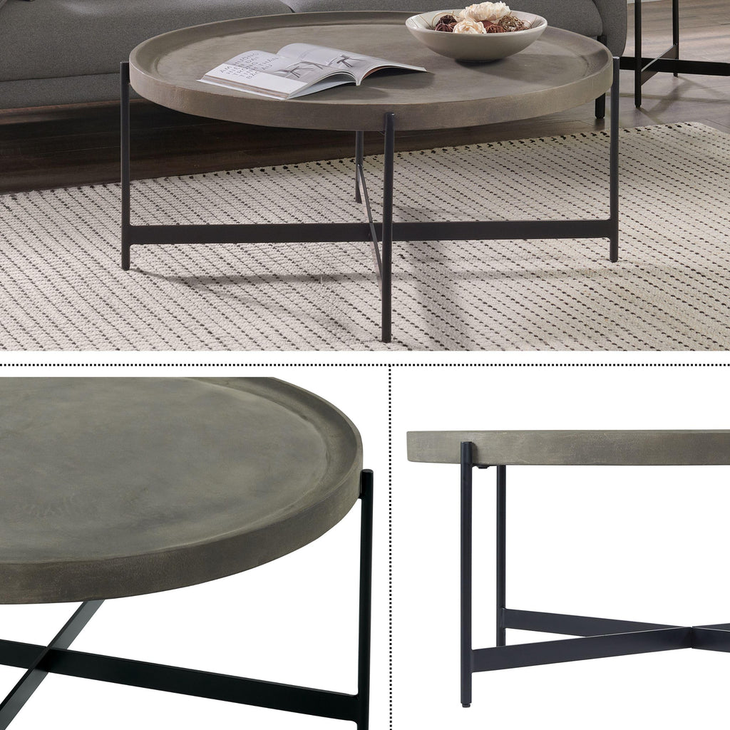 42-Inch Round Concrete-Coated Wood Coffee Table with Tray Top F4951